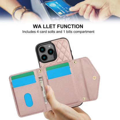 For iPhone 16 Pro Splicing Rhombic Texture Card Bag Phone Case with Long Lanyard(Rose Gold) - iPhone 16 Pro Cases by buy2fix | Online Shopping UK | buy2fix