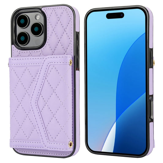For iPhone 16 Pro Splicing Rhombic Texture Card Bag Phone Case with Long Lanyard(Purple) - iPhone 16 Pro Cases by buy2fix | Online Shopping UK | buy2fix