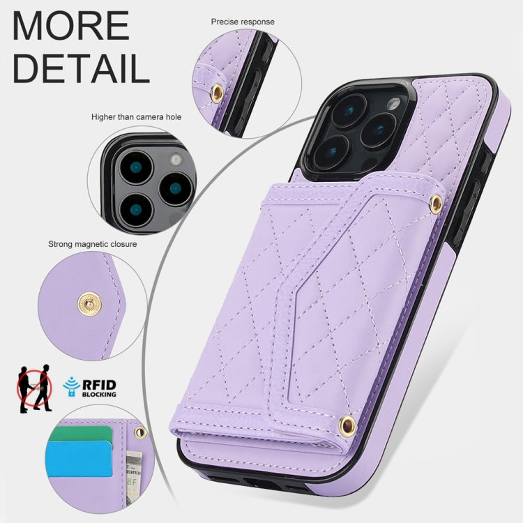 For iPhone 16 Pro Splicing Rhombic Texture Card Bag Phone Case with Long Lanyard(Purple) - iPhone 16 Pro Cases by buy2fix | Online Shopping UK | buy2fix