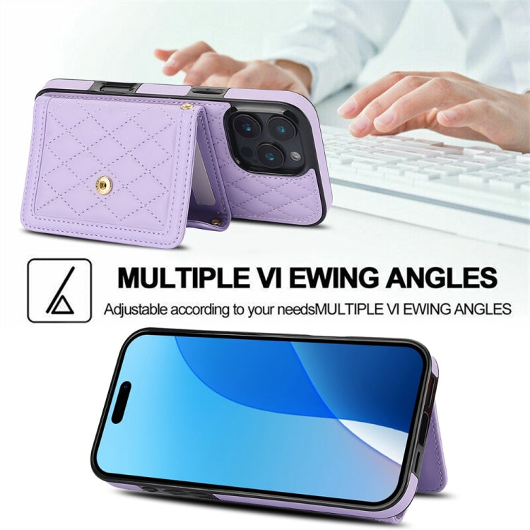 For iPhone 16 Pro Splicing Rhombic Texture Card Bag Phone Case with Long Lanyard(Purple) - iPhone 16 Pro Cases by buy2fix | Online Shopping UK | buy2fix