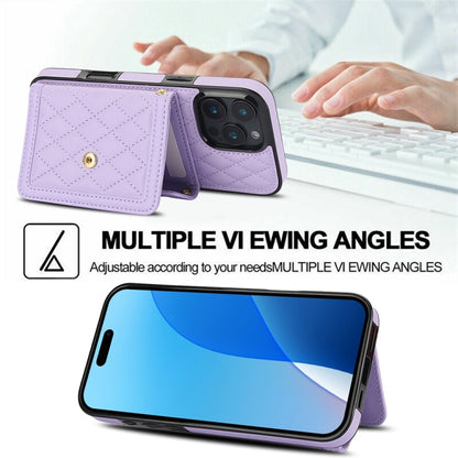 For iPhone 16 Pro Splicing Rhombic Texture Card Bag Phone Case with Long Lanyard(Purple) - iPhone 16 Pro Cases by buy2fix | Online Shopping UK | buy2fix