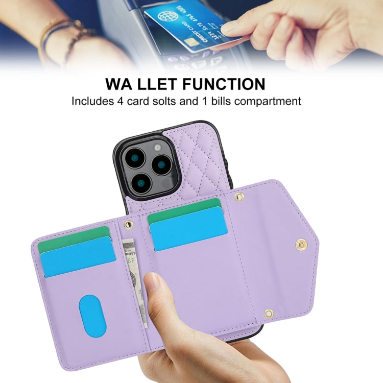 For iPhone 16 Pro Splicing Rhombic Texture Card Bag Phone Case with Long Lanyard(Purple) - iPhone 16 Pro Cases by buy2fix | Online Shopping UK | buy2fix
