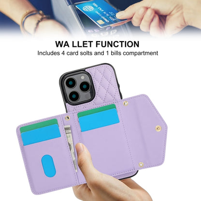 For iPhone 16 Pro Splicing Rhombic Texture Card Bag Phone Case with Long Lanyard(Purple) - iPhone 16 Pro Cases by buy2fix | Online Shopping UK | buy2fix