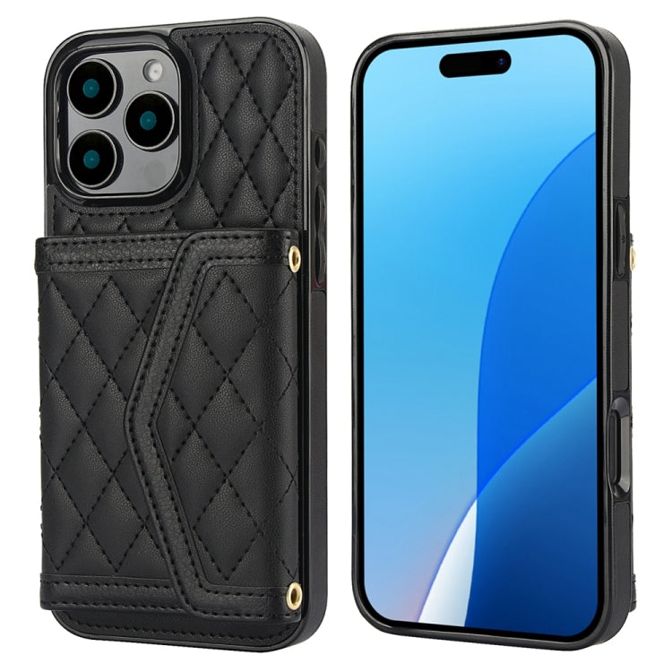 For iPhone 16 Pro Splicing Rhombic Texture Card Bag Phone Case with Long Lanyard(Black) - iPhone 16 Pro Cases by buy2fix | Online Shopping UK | buy2fix
