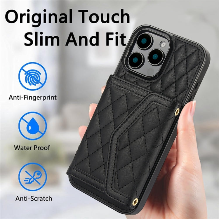 For iPhone 16 Pro Splicing Rhombic Texture Card Bag Phone Case with Long Lanyard(Black) - iPhone 16 Pro Cases by buy2fix | Online Shopping UK | buy2fix