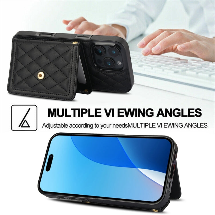 For iPhone 16 Pro Splicing Rhombic Texture Card Bag Phone Case with Long Lanyard(Black) - iPhone 16 Pro Cases by buy2fix | Online Shopping UK | buy2fix