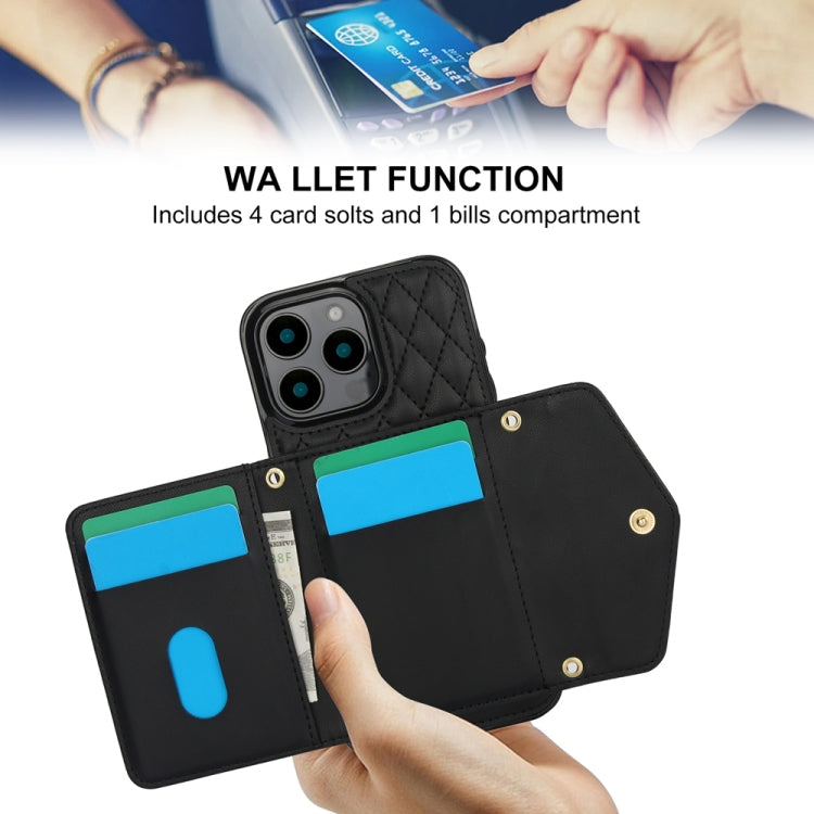 For iPhone 16 Pro Splicing Rhombic Texture Card Bag Phone Case with Long Lanyard(Black) - iPhone 16 Pro Cases by buy2fix | Online Shopping UK | buy2fix
