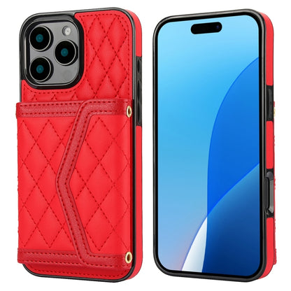 For iPhone 16 Pro Splicing Rhombic Texture Card Bag Phone Case with Long Lanyard(Red) - iPhone 16 Pro Cases by buy2fix | Online Shopping UK | buy2fix
