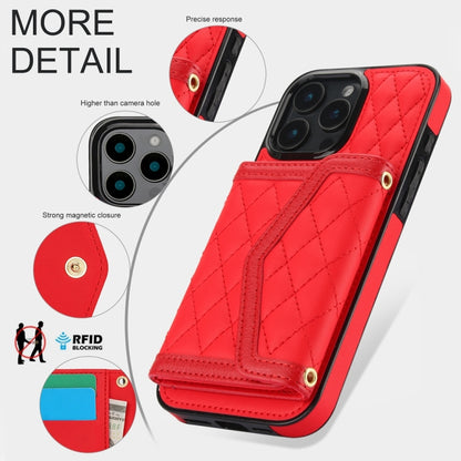 For iPhone 16 Pro Splicing Rhombic Texture Card Bag Phone Case with Long Lanyard(Red) - iPhone 16 Pro Cases by buy2fix | Online Shopping UK | buy2fix