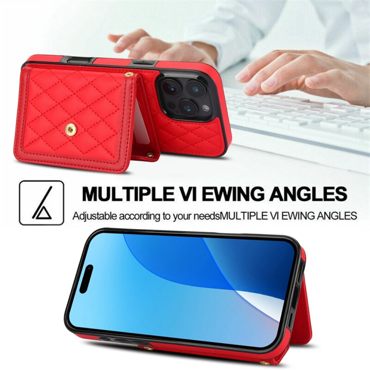For iPhone 16 Pro Splicing Rhombic Texture Card Bag Phone Case with Long Lanyard(Red) - iPhone 16 Pro Cases by buy2fix | Online Shopping UK | buy2fix