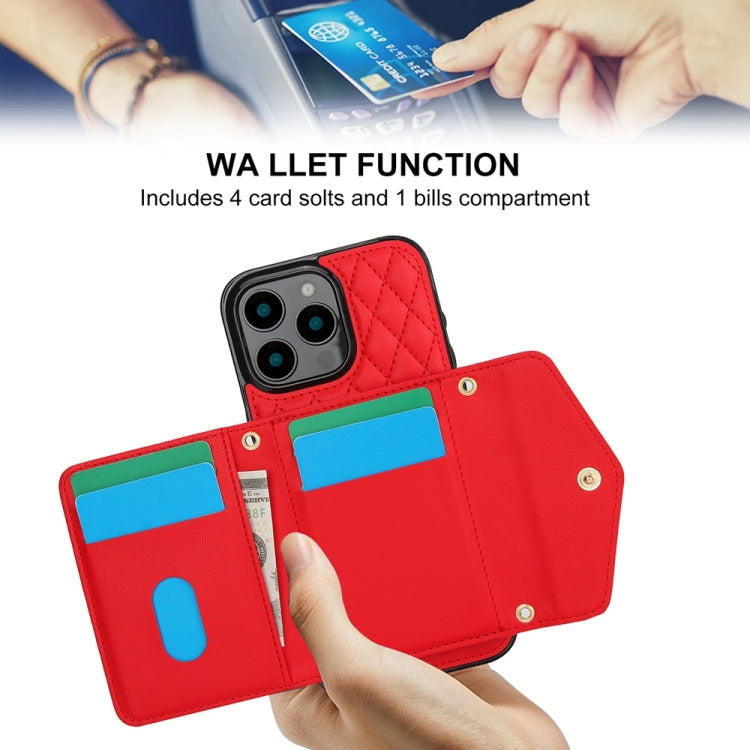For iPhone 16 Pro Splicing Rhombic Texture Card Bag Phone Case with Long Lanyard(Red) - iPhone 16 Pro Cases by buy2fix | Online Shopping UK | buy2fix