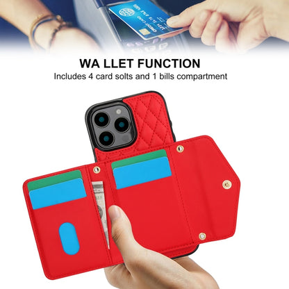 For iPhone 16 Pro Splicing Rhombic Texture Card Bag Phone Case with Long Lanyard(Red) - iPhone 16 Pro Cases by buy2fix | Online Shopping UK | buy2fix