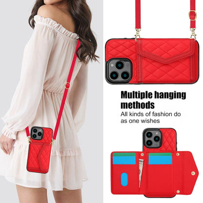 For iPhone 16 Pro Splicing Rhombic Texture Card Bag Phone Case with Long Lanyard(Red) - iPhone 16 Pro Cases by buy2fix | Online Shopping UK | buy2fix