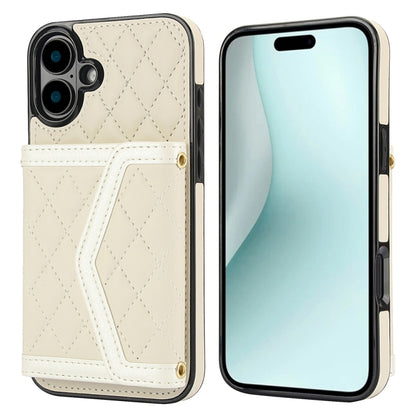 For iPhone 16 Plus Splicing Rhombic Texture Card Bag Phone Case with Long Lanyard(Beige) - iPhone 16 Plus Cases by buy2fix | Online Shopping UK | buy2fix