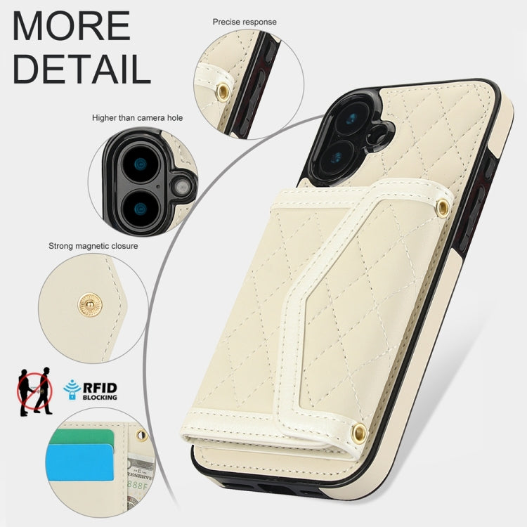 For iPhone 16 Plus Splicing Rhombic Texture Card Bag Phone Case with Long Lanyard(Beige) - iPhone 16 Plus Cases by buy2fix | Online Shopping UK | buy2fix