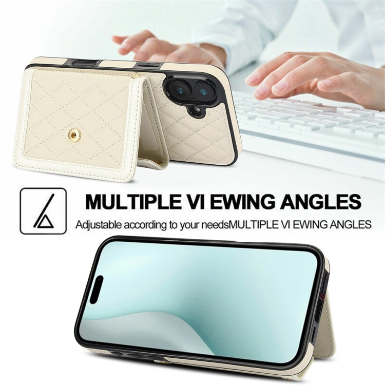 For iPhone 16 Plus Splicing Rhombic Texture Card Bag Phone Case with Long Lanyard(Beige) - iPhone 16 Plus Cases by buy2fix | Online Shopping UK | buy2fix