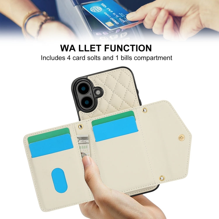 For iPhone 16 Plus Splicing Rhombic Texture Card Bag Phone Case with Long Lanyard(Beige) - iPhone 16 Plus Cases by buy2fix | Online Shopping UK | buy2fix