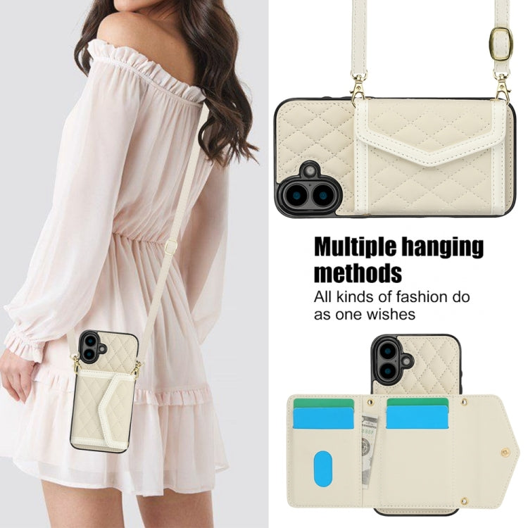 For iPhone 16 Plus Splicing Rhombic Texture Card Bag Phone Case with Long Lanyard(Beige) - iPhone 16 Plus Cases by buy2fix | Online Shopping UK | buy2fix