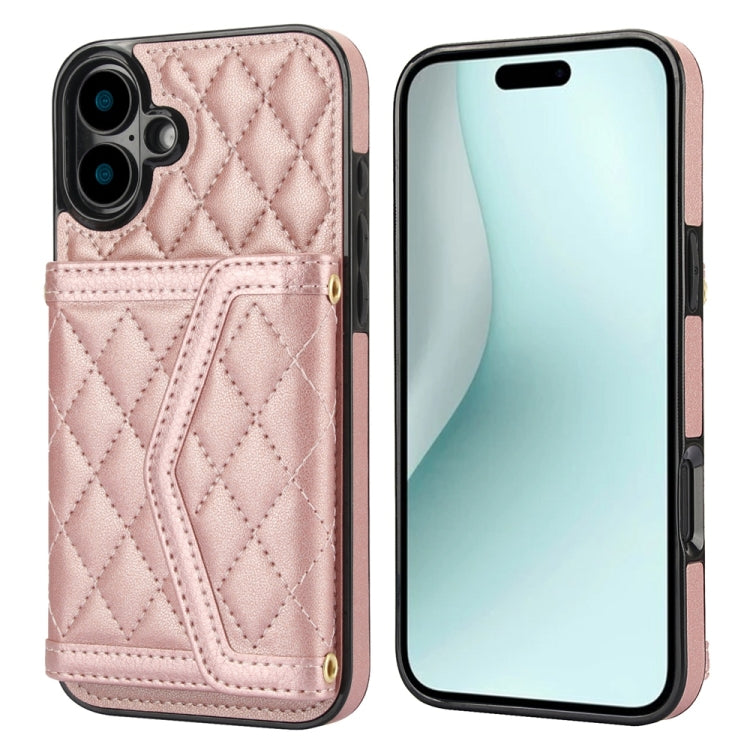 For iPhone 16 Plus Splicing Rhombic Texture Card Bag Phone Case with Long Lanyard(Rose Gold) - iPhone 16 Plus Cases by buy2fix | Online Shopping UK | buy2fix