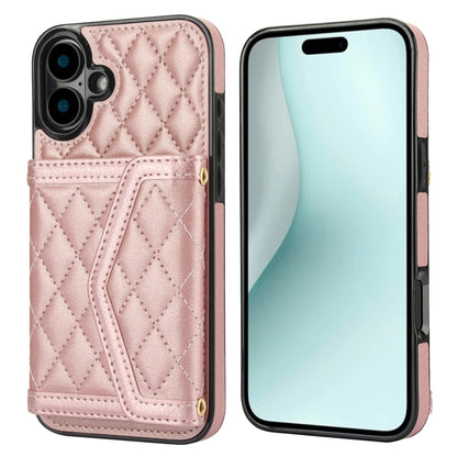 For iPhone 16 Plus Splicing Rhombic Texture Card Bag Phone Case with Long Lanyard(Rose Gold) - iPhone 16 Plus Cases by buy2fix | Online Shopping UK | buy2fix