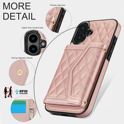 For iPhone 16 Plus Splicing Rhombic Texture Card Bag Phone Case with Long Lanyard(Rose Gold) - iPhone 16 Plus Cases by buy2fix | Online Shopping UK | buy2fix