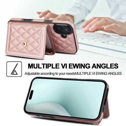 For iPhone 16 Plus Splicing Rhombic Texture Card Bag Phone Case with Long Lanyard(Rose Gold) - iPhone 16 Plus Cases by buy2fix | Online Shopping UK | buy2fix