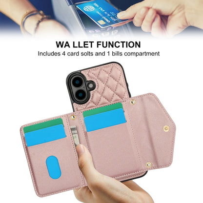 For iPhone 16 Plus Splicing Rhombic Texture Card Bag Phone Case with Long Lanyard(Rose Gold) - iPhone 16 Plus Cases by buy2fix | Online Shopping UK | buy2fix
