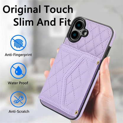 For iPhone 16 Plus Splicing Rhombic Texture Card Bag Phone Case with Long Lanyard(Purple) - iPhone 16 Plus Cases by buy2fix | Online Shopping UK | buy2fix