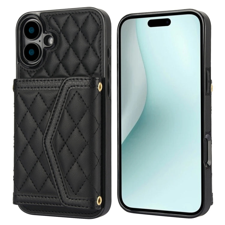 For iPhone 16 Plus Splicing Rhombic Texture Card Bag Phone Case with Long Lanyard(Black) - iPhone 16 Plus Cases by buy2fix | Online Shopping UK | buy2fix