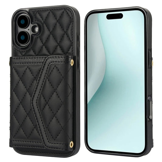 For iPhone 16 Plus Splicing Rhombic Texture Card Bag Phone Case with Long Lanyard(Black) - iPhone 16 Plus Cases by buy2fix | Online Shopping UK | buy2fix
