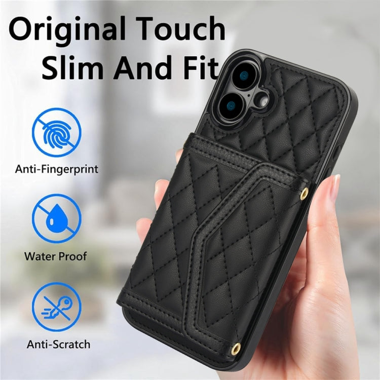 For iPhone 16 Plus Splicing Rhombic Texture Card Bag Phone Case with Long Lanyard(Black) - iPhone 16 Plus Cases by buy2fix | Online Shopping UK | buy2fix