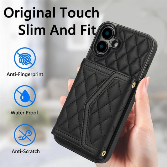 For iPhone 16 Plus Splicing Rhombic Texture Card Bag Phone Case with Long Lanyard(Black) - iPhone 16 Plus Cases by buy2fix | Online Shopping UK | buy2fix