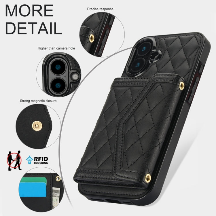 For iPhone 16 Plus Splicing Rhombic Texture Card Bag Phone Case with Long Lanyard(Black) - iPhone 16 Plus Cases by buy2fix | Online Shopping UK | buy2fix