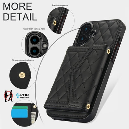 For iPhone 16 Plus Splicing Rhombic Texture Card Bag Phone Case with Long Lanyard(Black) - iPhone 16 Plus Cases by buy2fix | Online Shopping UK | buy2fix