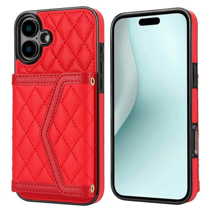 For iPhone 16 Plus Splicing Rhombic Texture Card Bag Phone Case with Long Lanyard(Red) - iPhone 16 Plus Cases by buy2fix | Online Shopping UK | buy2fix