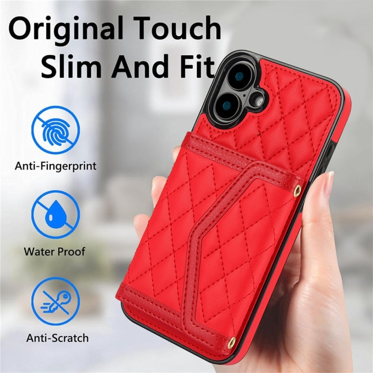 For iPhone 16 Plus Splicing Rhombic Texture Card Bag Phone Case with Long Lanyard(Red) - iPhone 16 Plus Cases by buy2fix | Online Shopping UK | buy2fix