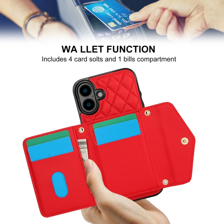 For iPhone 16 Plus Splicing Rhombic Texture Card Bag Phone Case with Long Lanyard(Red) - iPhone 16 Plus Cases by buy2fix | Online Shopping UK | buy2fix