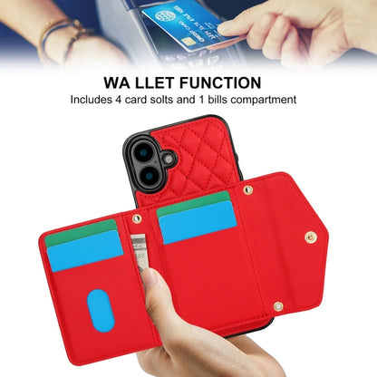 For iPhone 16 Plus Splicing Rhombic Texture Card Bag Phone Case with Long Lanyard(Red) - iPhone 16 Plus Cases by buy2fix | Online Shopping UK | buy2fix