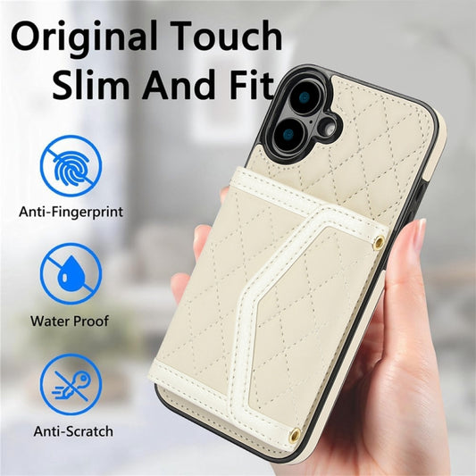 For iPhone 16 Splicing Rhombic Texture Card Bag Phone Case with Long Lanyard(Beige) by buy2fix