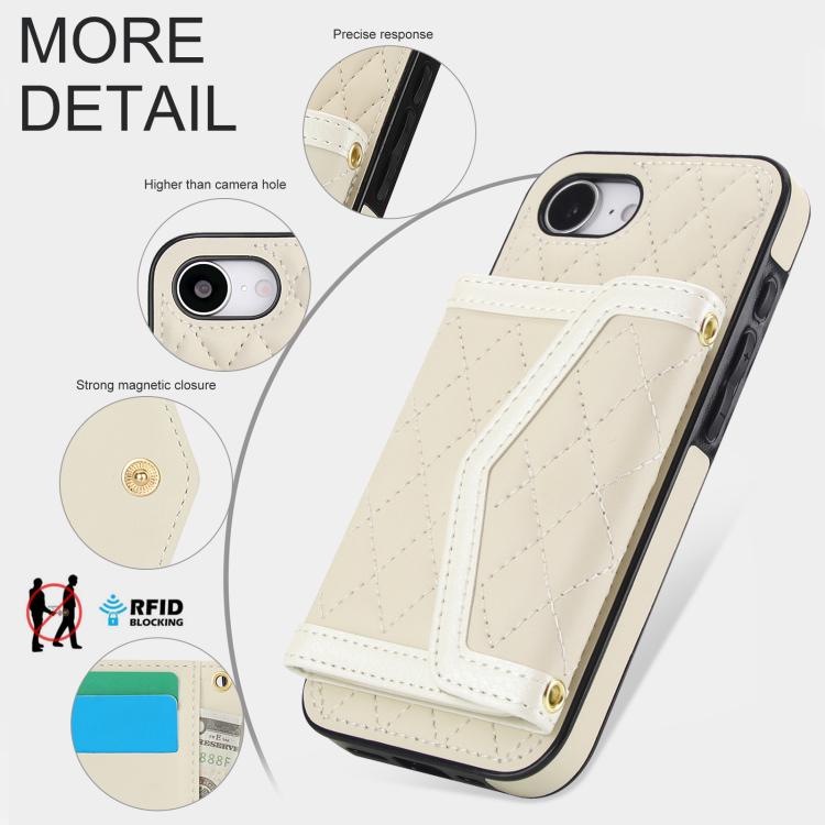 For iPhone 16e Splicing Rhombic Texture Card Bag Phone Case with Long Lanyard(Beige) - iPhone 16e Cases by buy2fix | Online Shopping UK | buy2fix