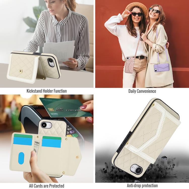 For iPhone 16e Splicing Rhombic Texture Card Bag Phone Case with Long Lanyard(Beige) - iPhone 16e Cases by buy2fix | Online Shopping UK | buy2fix