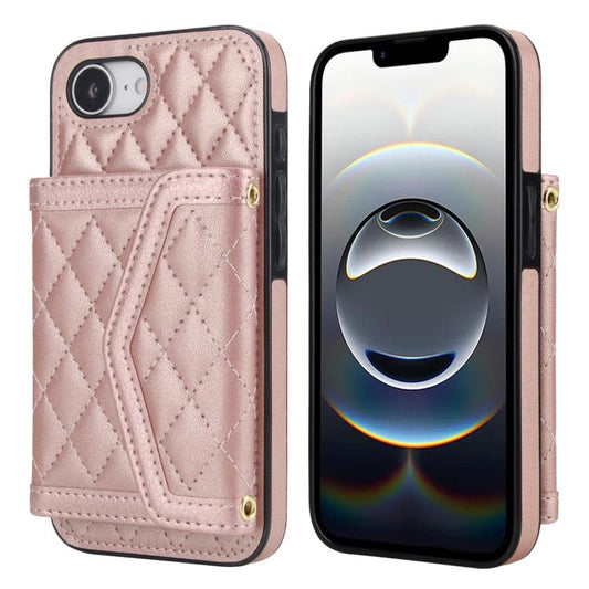 For iPhone 16e Splicing Rhombic Texture Card Bag Phone Case with Long Lanyard(Rose Gold) - iPhone 16e Cases by buy2fix | Online Shopping UK | buy2fix