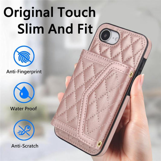For iPhone 16e Splicing Rhombic Texture Card Bag Phone Case with Long Lanyard(Rose Gold) - iPhone 16e Cases by buy2fix | Online Shopping UK | buy2fix