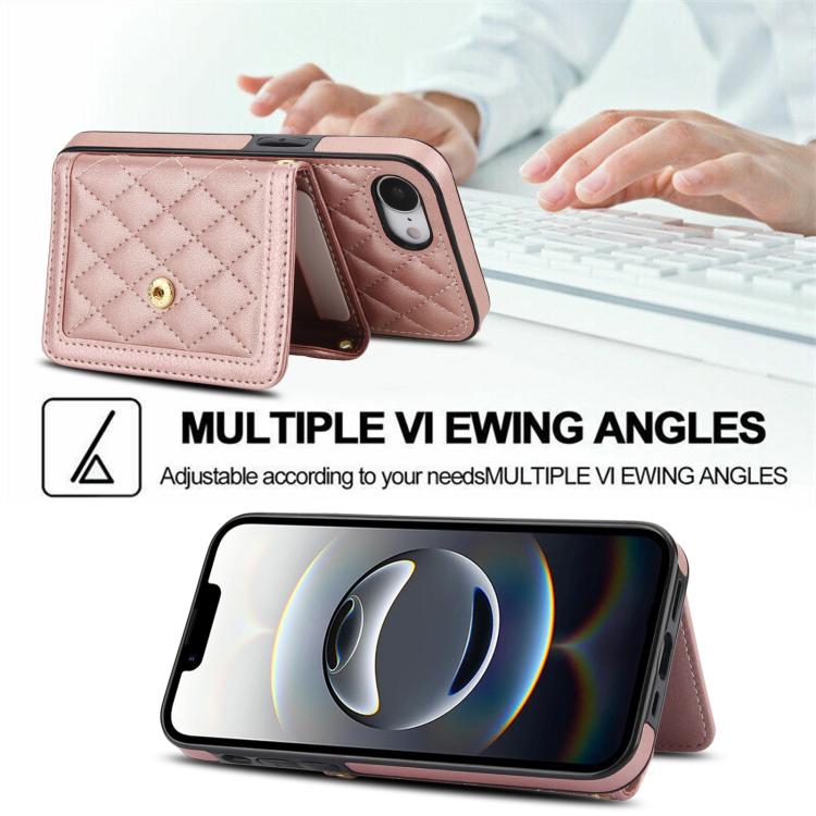 For iPhone 16e Splicing Rhombic Texture Card Bag Phone Case with Long Lanyard(Rose Gold) - iPhone 16e Cases by buy2fix | Online Shopping UK | buy2fix