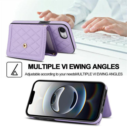 For iPhone 16e Splicing Rhombic Texture Card Bag Phone Case with Long Lanyard(Purple) - iPhone 16e Cases by buy2fix | Online Shopping UK | buy2fix