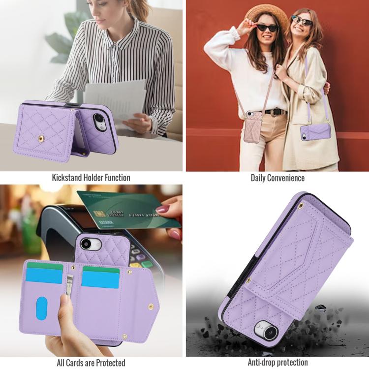 For iPhone 16e Splicing Rhombic Texture Card Bag Phone Case with Long Lanyard(Purple) - iPhone 16e Cases by buy2fix | Online Shopping UK | buy2fix