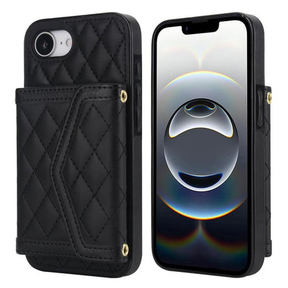 For iPhone 16e Splicing Rhombic Texture Card Bag Phone Case with Long Lanyard(Black) - iPhone 16e Cases by buy2fix | Online Shopping UK | buy2fix
