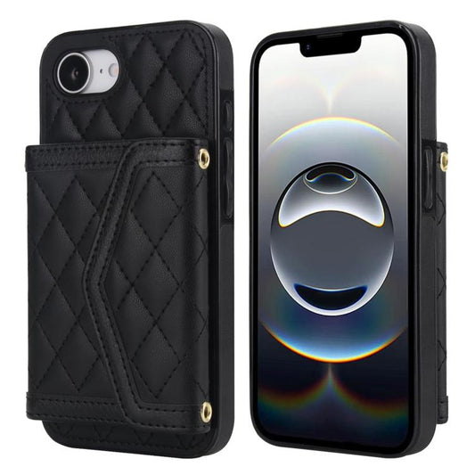For iPhone 16e Splicing Rhombic Texture Card Bag Phone Case with Long Lanyard(Black) - iPhone 16e Cases by buy2fix | Online Shopping UK | buy2fix