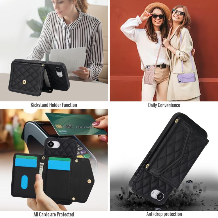 For iPhone 16e Splicing Rhombic Texture Card Bag Phone Case with Long Lanyard(Black) - iPhone 16e Cases by buy2fix | Online Shopping UK | buy2fix