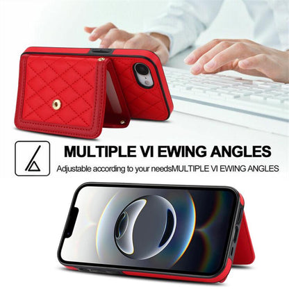 For iPhone 16e Splicing Rhombic Texture Card Bag Phone Case with Long Lanyard(Red) - iPhone 16e Cases by buy2fix | Online Shopping UK | buy2fix